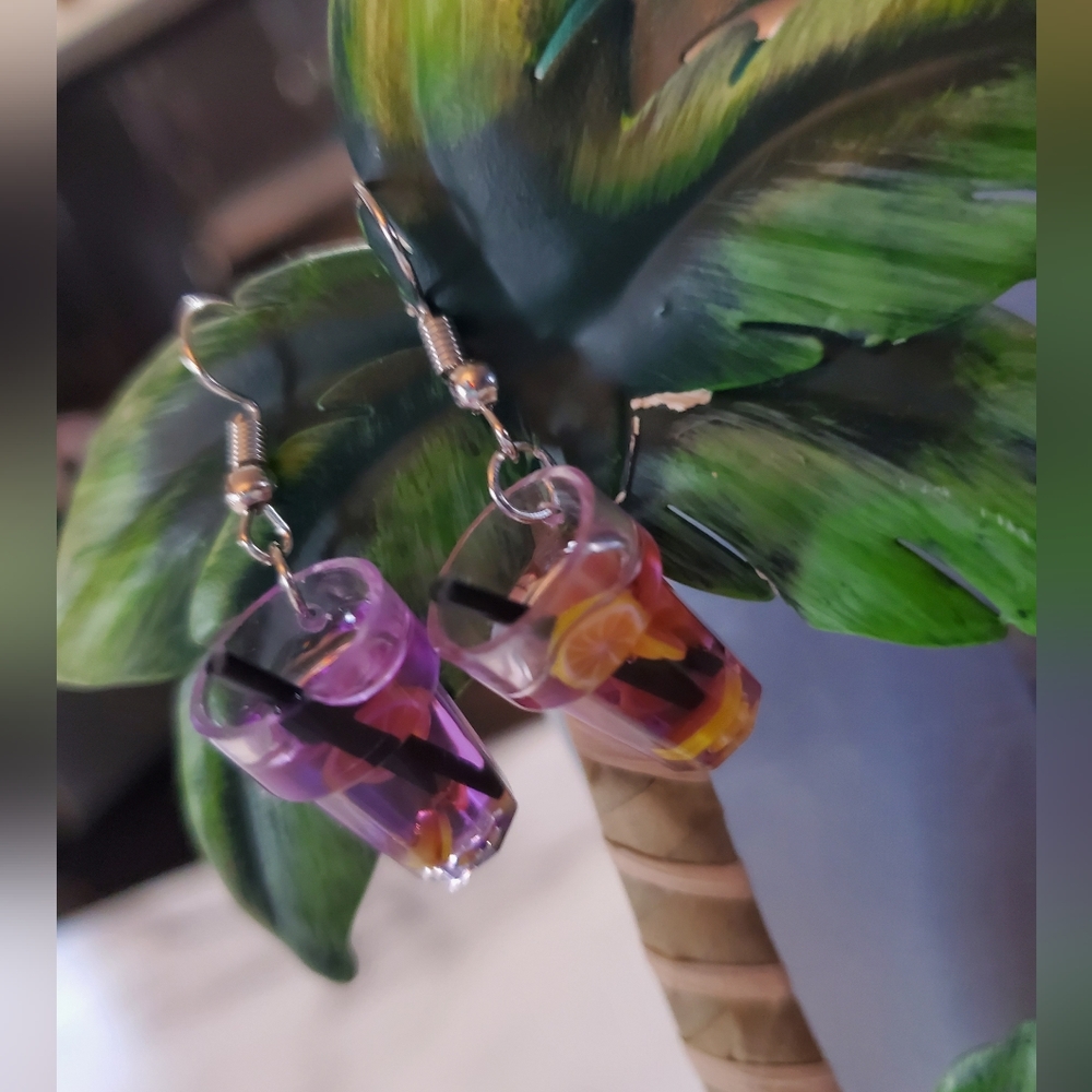 Purple Drink with Fruit Slices Dangle Earrings
